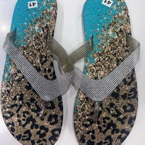 Leopard Print Flip Flops with Rhinestone Straps